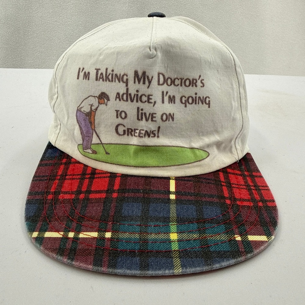 Yupoong Snapback Hat Mens OSFA White Plaid Golf Humor Vintage Graphic Cap